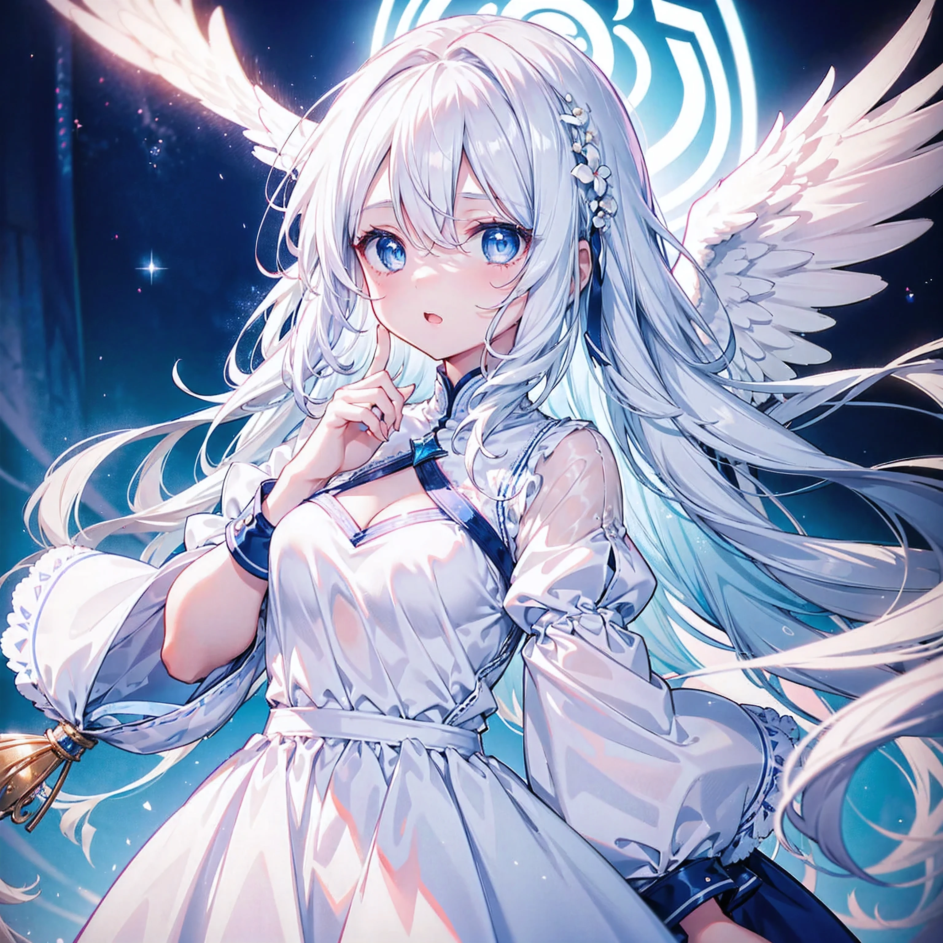 A pretty, cute girl with long white hair and blue eyes、14 Talents、Angel wings on the back、Mouth wide open and eyes wide open、comical、Bright expression、A pleasant surprise、Pure white dress