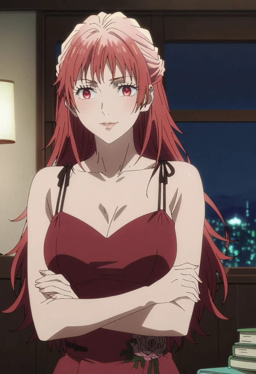 1girl, female gojo satoru, anime screencap from jujutsu kaisen, gojo satoru female version, solo, medium_hair, red eyes ((red_hair)), night view, breasts, upper_body, smile, indoors, book, bangs, red_eyes, lips, ((All hair on side)) wearing an elegant red dress with thin straps, breast, "very detailed and high resolution" (red eyes) ((cross arms)) ((long hair)) ((solo))