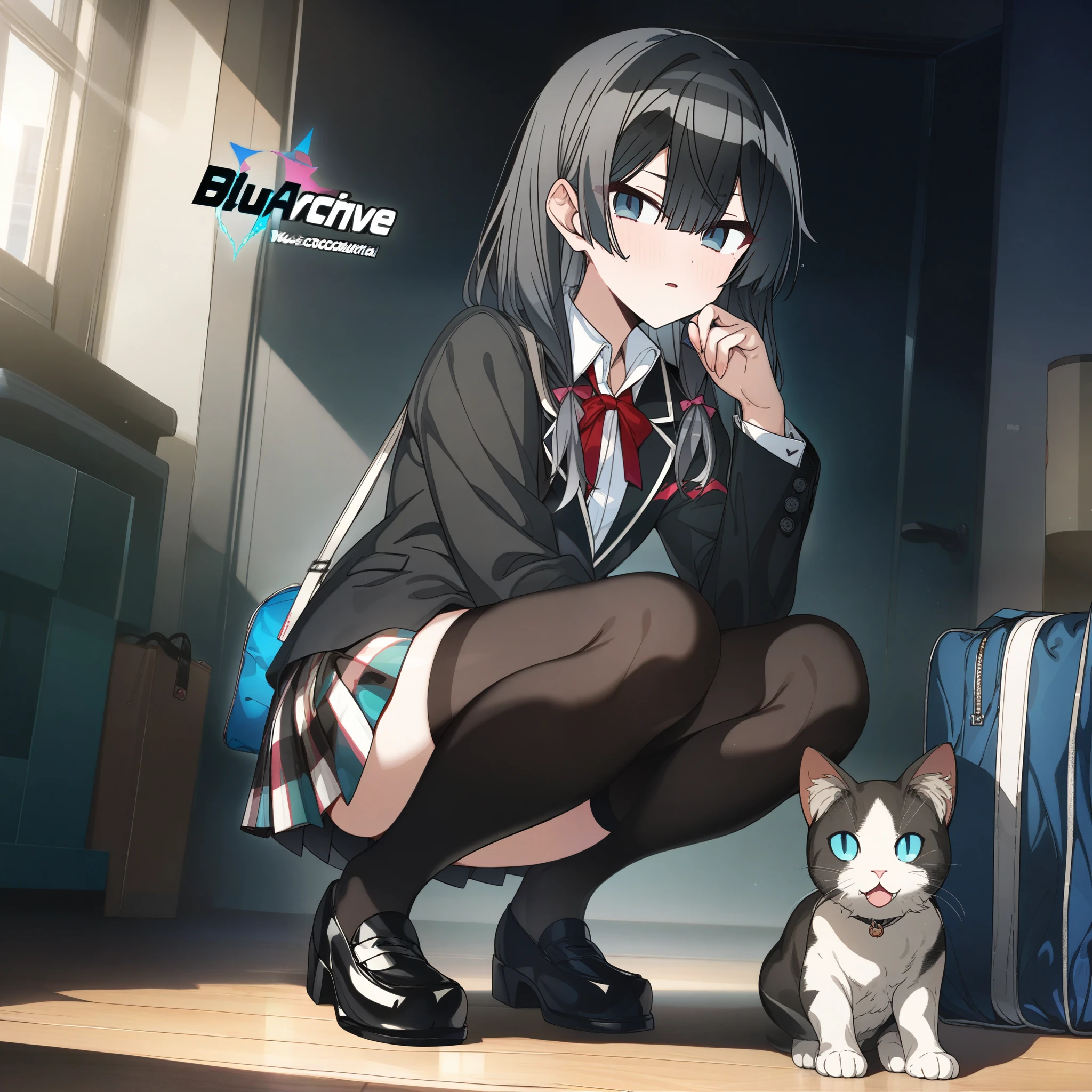 1girl, erere, blue archive, arona \(blue archive\), absurdres, official art, 3girls, rei \(rei's room\), absurdres, official art, absurdres, yahari ore no seishun lovecome wa machigatteiru., yukinoshita yukino, 1girl, bag, black eyes, black hair, black jacket, black thighhighs, blazer, cat, copyright name, jacket, loafers, long hair, looking at viewer, parted lips, plaid clothes, plaid skirt, pleated skirt, school bag, , shoes, shoulder bag, skirt, sobu high , solo, squatting, thighhighs, ((very aesthetic, best quality, ultra detailed))