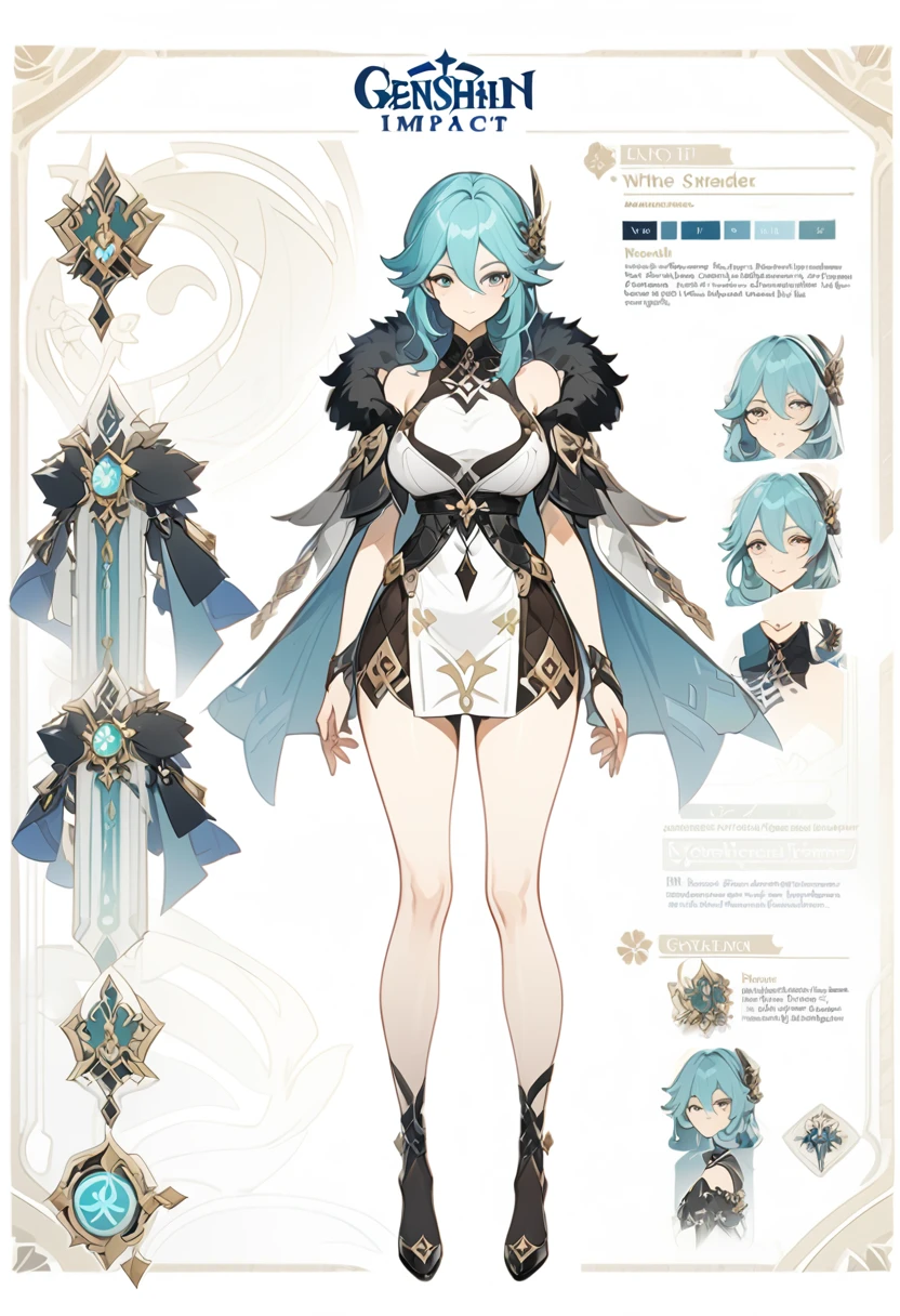 Genshin impact, genshin impact outfit, large breast, standing, character sheet, white backgound, bare shoulders, fur mantle, long hair,
slender legs, milf, adult,