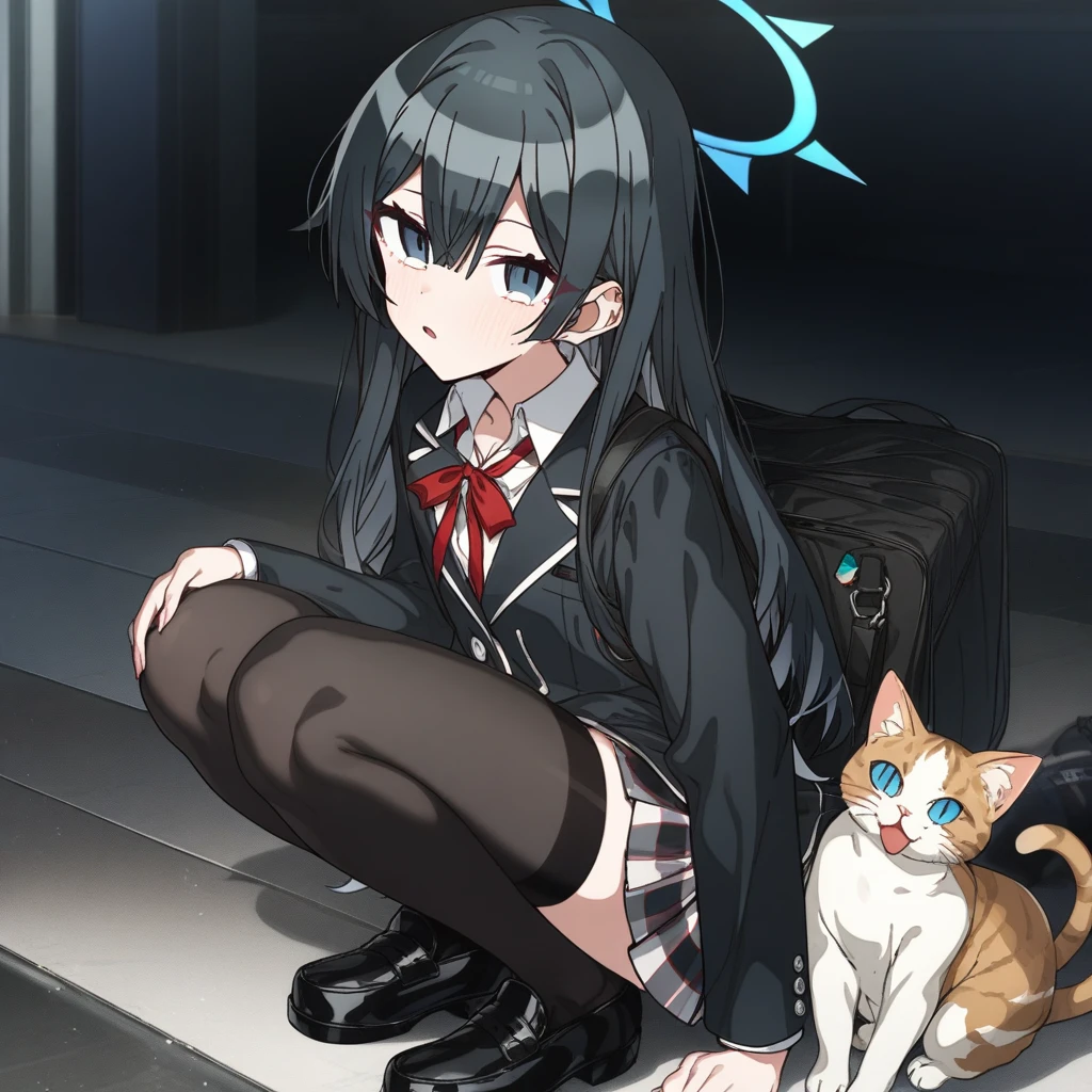 1girl, erere, blue archive, arona \(blue archive\), absurdres, official art, absurdres, yahari ore no seishun lovecome wa machigatteiru., yukinoshita yukino, 1girl, bag, black eyes, black hair, black jacket, black thighhighs, blazer, cat, copyright name, jacket, loafers, long hair, looking at viewer, parted lips, plaid clothes, plaid skirt, pleated skirt, school bag, , shoes, shoulder bag, skirt, sobu high , solo, squatting, thighhighs, ((very aesthetic, best quality, ultra detailed))
