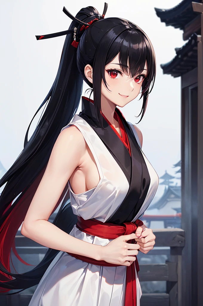 (masterpiece; best quality: 1.2), (finely detailed eyes: 1.3), ((25 year old woman)), ((solo)), (red eyes: 1.4), (body; lithe, toned, femenine: 1.3), (black hair in ponytail: 1.3), (beautiful and clear background: 1.2), ((depth of field)), (clothes: samurai attire + black-and-white hakama + red sash: 1.3), (anime illustration: 1.2), (background; old japanese castle exterior + night: 1.1), (extremely fine and beautiful: 1.1), (shot composition; standing + centered on torso + close-up: 1.5), (expression; calm, smile: 1.2)