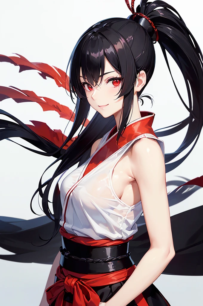 (masterpiece; best quality: 1.2), (finely detailed eyes: 1.3), ((25 year old woman)), ((solo)), (red eyes: 1.4), (body; lithe, toned, femenine: 1.3), (black hair in ponytail: 1.3), (beautiful and clear background: 1.2), ((depth of field)), (clothes: samurai attire + black-and-white hakama + red sash: 1.3), (anime illustration: 1.2), (background; old japanese castle exterior + night: 1.1), (extremely fine and beautiful: 1.1), (shot composition; standing + centered on torso + close-up: 1.5), (expression; calm, smile: 1.2)