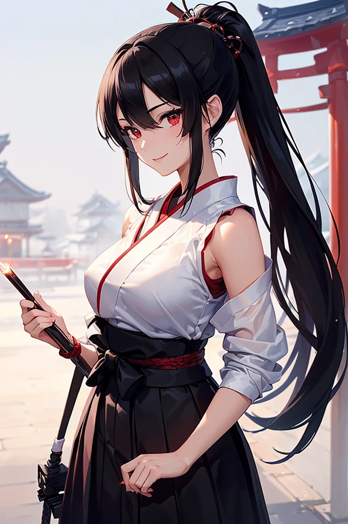 (masterpiece; best quality: 1.2), (finely detailed eyes: 1.3), ((25 year old woman)), ((solo)), (red eyes: 1.4), (body; lithe, toned, femenine: 1.3), (black hair in ponytail: 1.3), (beautiful and clear background: 1.2), ((depth of field)), (clothes: samurai attire + black-and-white hakama + red sash: 1.3), (anime illustration: 1.2), (background; old japanese castle exterior + night: 1.1), (extremely fine and beautiful: 1.1), (shot composition; standing + centered on torso + close-up: 1.5), (expression; calm, smile: 1.2)