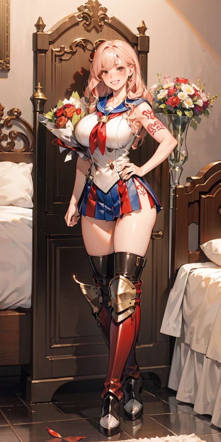 woman bodybuilder with very large calves very beautiful resemblance sailor uniform, full body standing symmetrical lustful smirking smile face (red blush), martial art, bouquet of flowers holding, full body toe to head, feet together, high boots, big breast, paladin warrior knight, hands on hips. red tattoo on belly, bedroom background, royal bedroom