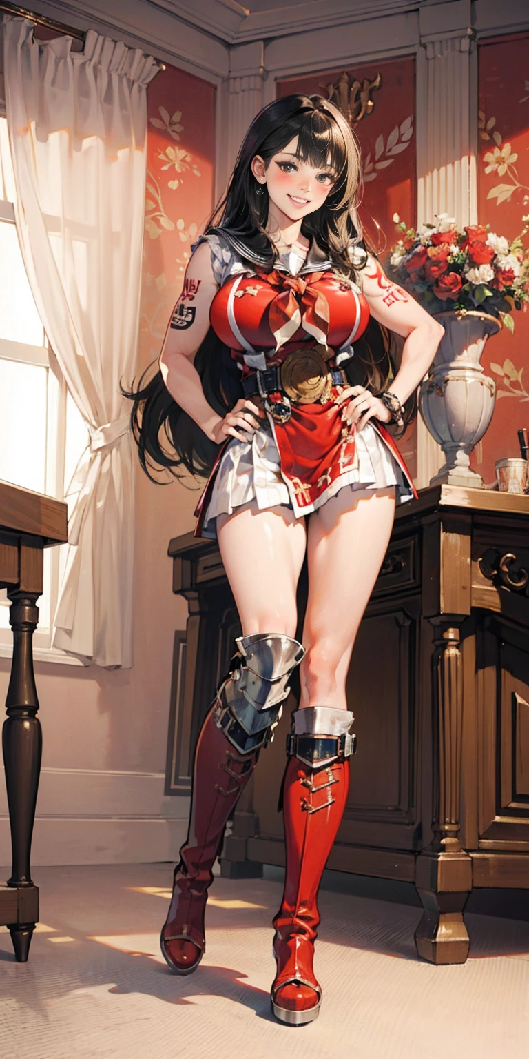 woman bodybuilder with very large calves very beautiful resemblance sailor uniform, full body standing symmetrical lustful smirking smile face (red blush), martial art, bouquet of flowers holding, full body toe to head, feet together, high boots, big breast, paladin warrior knight, hands on hips. red tattoo on belly, bedroom background, royal bedroom