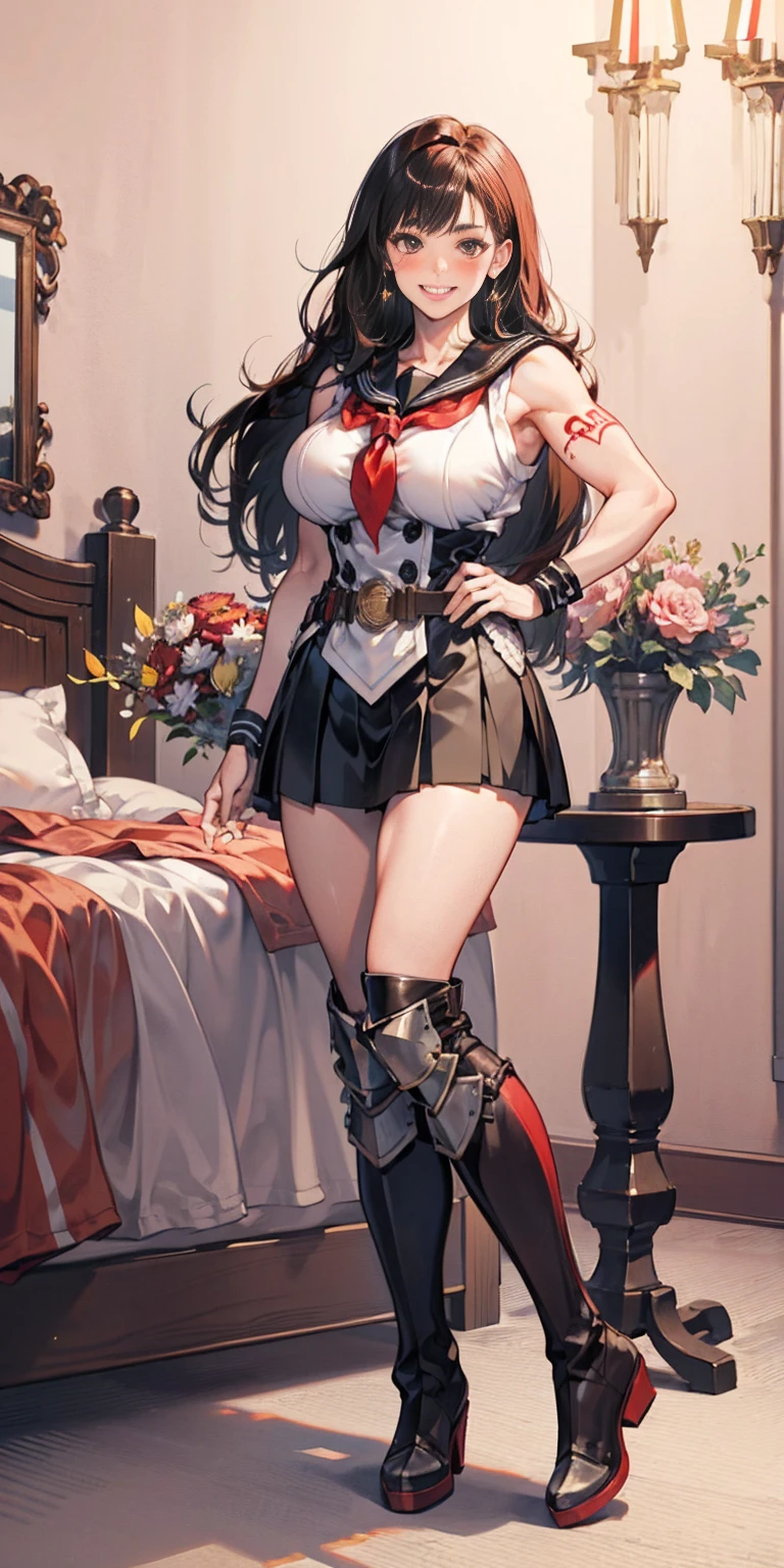 woman bodybuilder with very large calves very beautiful resemblance sailor uniform, full body standing symmetrical lustful smirking smile face (red blush), martial art, bouquet of flowers holding, full body toe to head, feet together, high boots, big breast, paladin warrior knight, hands on hips. red tattoo on belly, bedroom background, royal bedroom