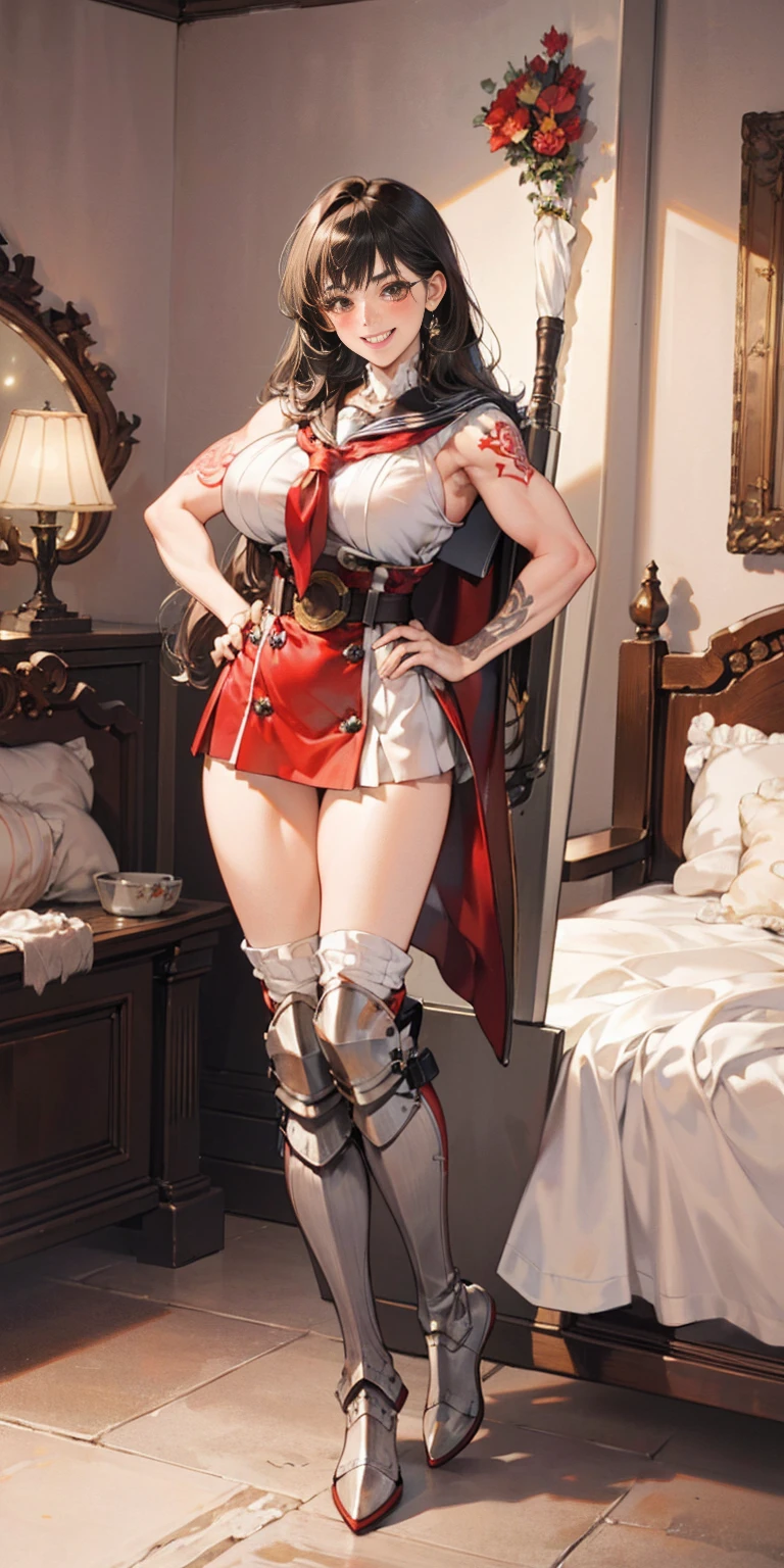 woman bodybuilder with very large calves very beautiful resemblance sailor uniform, full body standing symmetrical lustful smirking smile face (red blush), martial art, bouquet of flowers holding, full body toe to head, feet together, high boots, big breast, paladin warrior knight, hands on hips. red tattoo on belly, bedroom background, royal bedroom