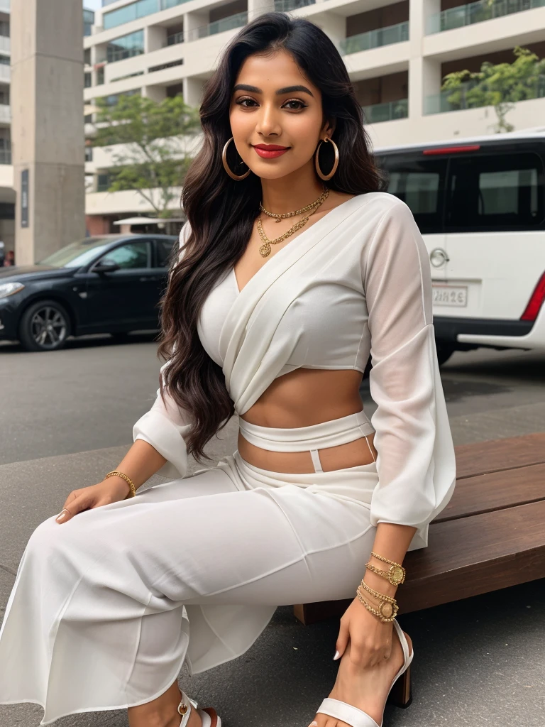 Absolutely! Here's the modified prompt:
Prompt:
Create an ultra-realistic image of a modern, attractive female influencer of Indian descent, aged between 27 to 30. She should have a warm and inviting smile, expressive almond-shaped eyes with a slight shimmer, and clear, glowing skin with a medium brown complexion. Her features should be well-defined, with high cheekbones and a sharp jawline. Her hair should be long, thick, and wavy, with a natural shine and bounce, styled in loose waves. She should have a slender yet athletic build, reflecting a healthy and active lifestyle.
She is wearing a white saree that fully covers her body, exuding elegance and tradition. Her outfit is complemented by a fitted blouse, also in white. She has red lipstick and sindur adorning her forehead, enhancing her traditional look. Her outfit is completed with stylish black heeled sandals that add a touch of modernity to her look. She accessorizes with subtle yet chic jewelry, such as small hoop earrings and a few thin bangles.
The background should be a vibrant, urban setting, perhaps with city lights or a modern street scene, suggesting a cosmopolitan lifestyle. Her overall appearance should exude confidence, approachability, and sophistication, capturing the essence of a contemporary Indian fashion influencer.