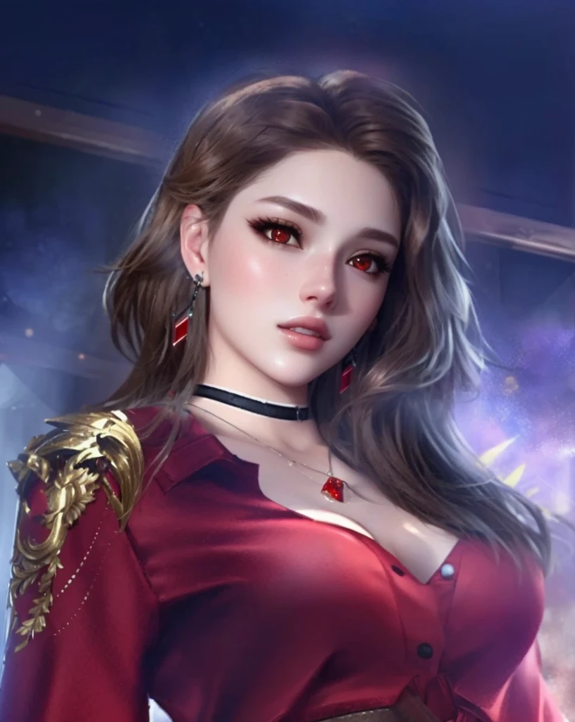 A brown-haired beauty，Red eyes，Game CG，Realistic style，32k