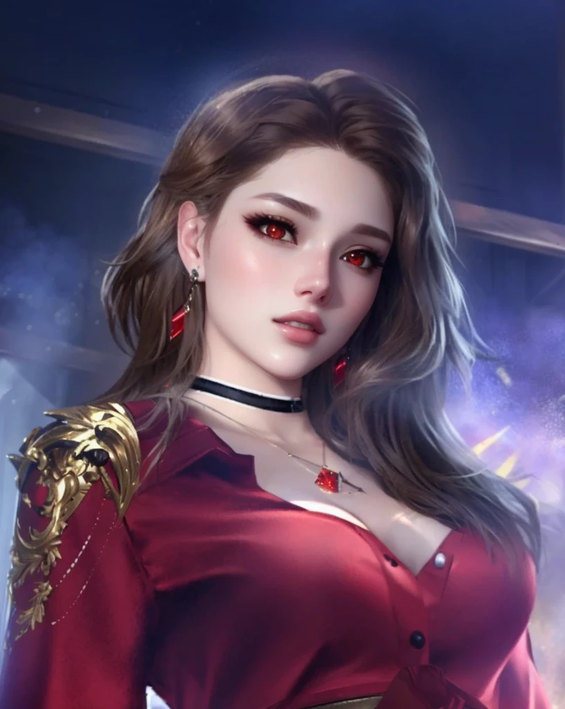 A brown-haired beauty,Red eyes,Game CG,Realistic style,32k