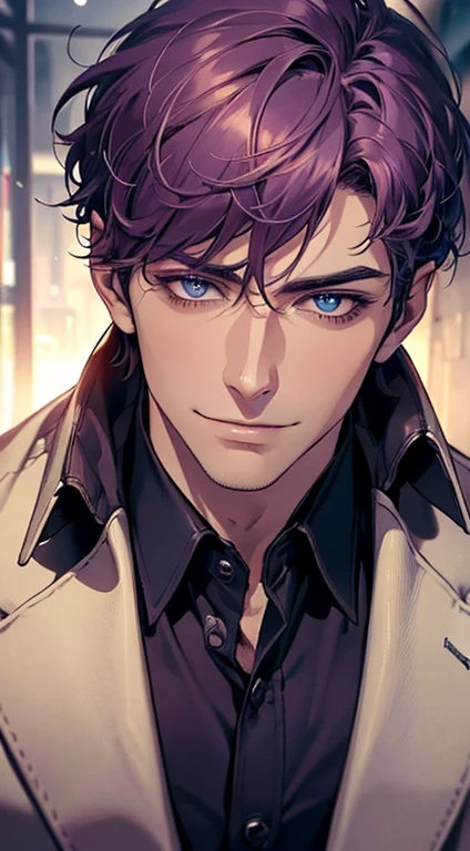 (best quality, masterpiece, 8K, photorealistic, cinematic lighting, 1:4 hdr image, ultra detailed, beautiful image), a mature man, 35 years very handsome, ((cold expression smile in love)), short purple hair, blue eyes, face perfect without mistakes, ((buttoning his jacket, CEO)), smile.