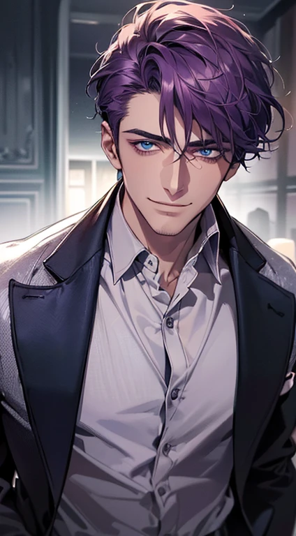 (best quality, masterpiece, 8K, photorealistic, cinematic lighting, 1:4 hdr image, ultra detailed, beautiful image), a mature man, 35 years very handsome, ((cold expression smile in love)), short  purple hair, blue eyes, face perfect without mistakes, ((buttoning his jacket, CEO)), smile.