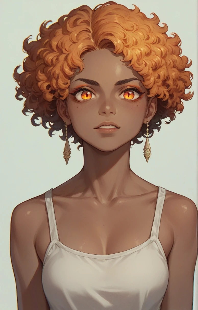 Anime dark skin woman, orange curly hair, ember colored-eyes