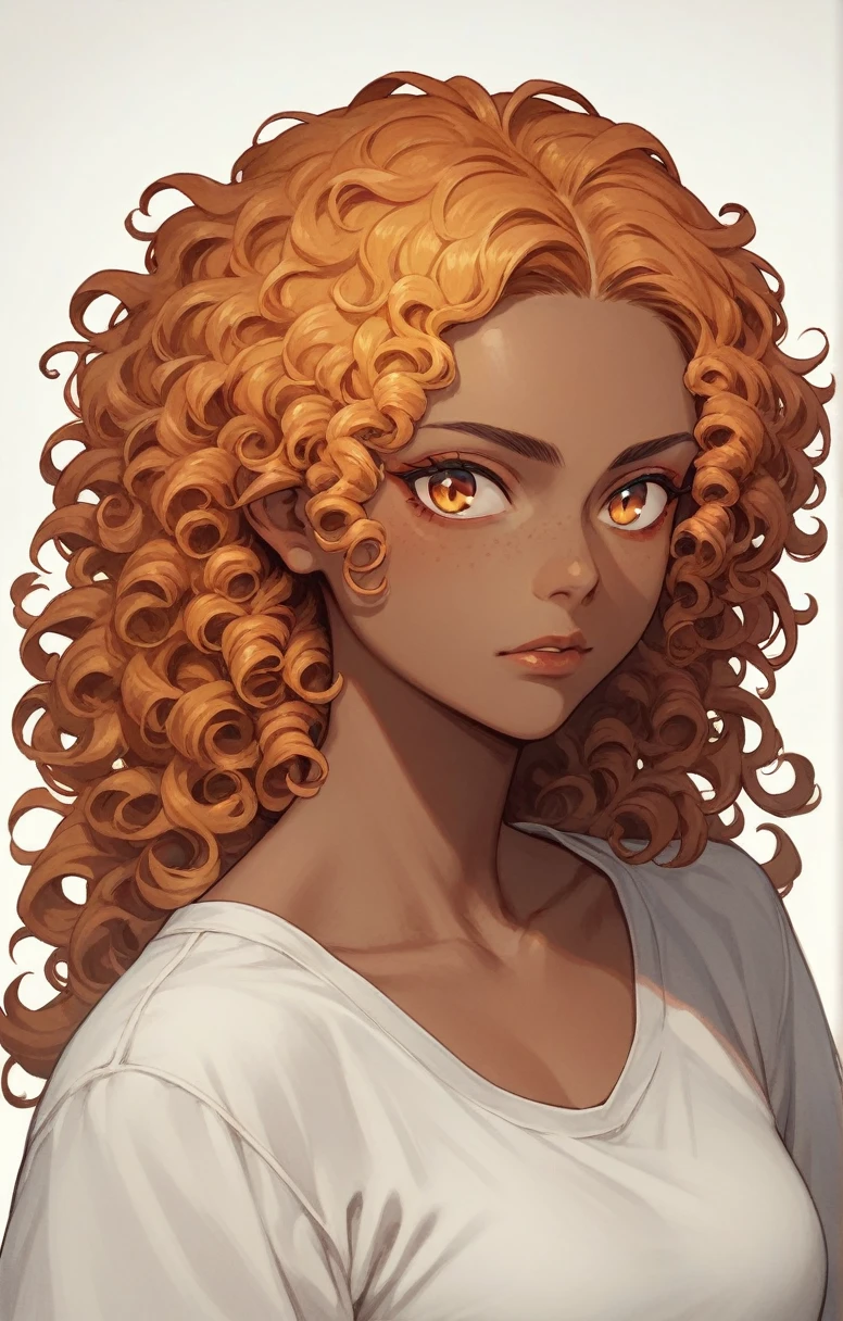 Anime dark skin woman, orange curly hair, ember colored-eyes