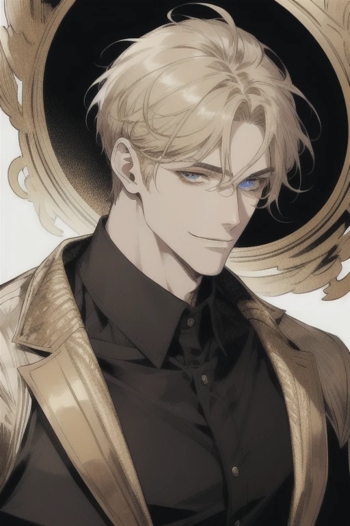 masterpiece, best quality, realistic, 1man, mature man, muscular tall, handsome, smile, closed mouth, portrait, extremely detailed face, (short hair), (golden hair), (heterochromia in eyes)