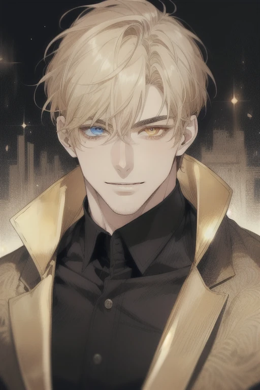 masterpiece, best quality, realistic, 1man, mature man, muscular tall, handsome, smile, closed mouth, portrait, extremely detailed face, (short hair), (golden hair), (heterochromia in eyes)