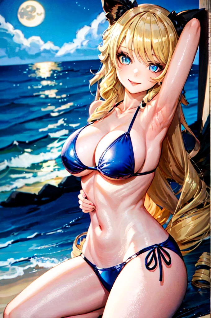 1girl, navia \(genshin impact\), solo, blue bikini, light smile, looking at viewer, beach night, moon, depth of field, masterpiece