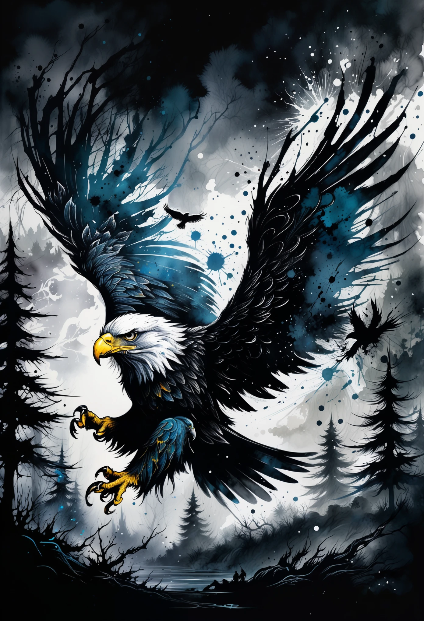 (((In dark fantasy ink splatter art:1.3))), Shabby Eagle, Mesmerizingly beautiful scenery appears, Chaotic black strokes ink splatter, Intricate details blend into the world of the ethereal forest, Otherworldly creatures, insanely beautifu, Gongbi, Every stroke exudes a charming feeling, extraordinary creation, Whether it is ink painting or oil painting, Master stunning details, pure brilliance, Creepy atmosphere ink splatter coating,