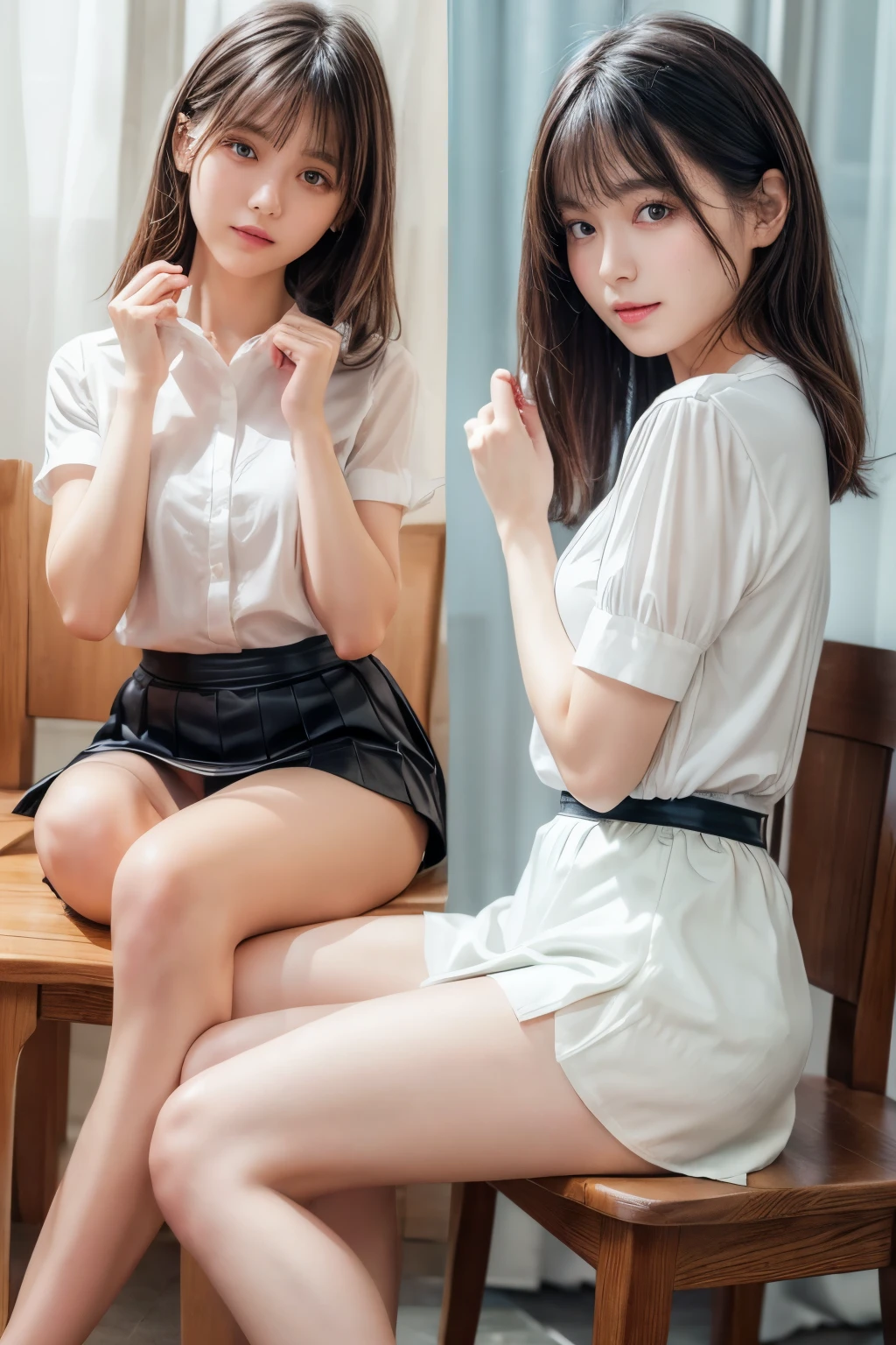 ((Best image quality、8K、masterpiece:1.3))、Realistic high-quality photos、Highest quality、Beautiful and graceful face and eyes、Hands on your back、Uniform eyes、Black Hair、Shiny Hair、 OL、Wearing a short-sleeved blouse、Wear a long skirt、Full Body Shot. Sitting、Bring your knees together and face forward、(((White panties can be seen between her skirt and legs)))、Medium build、Anatomically correct body、