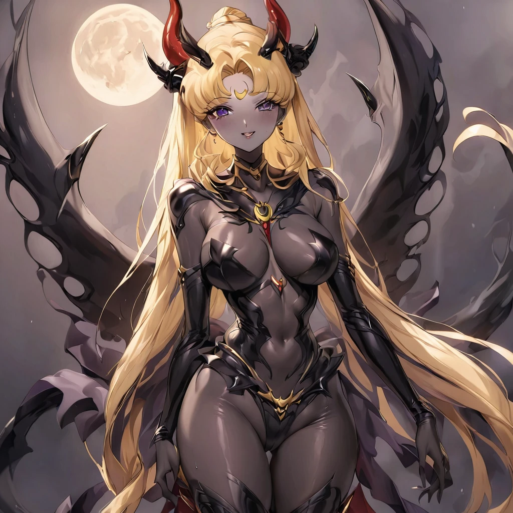 ((Highest quality)), ((masterpiece)), (detailed), （Perfect Face）、The woman is naked and is the bride of the Demon King, the Dark Queen of the Black Moon Clan, the Demon Queen, Devil Queen Serenity, the Demon Queen. The woman is wearing a shiny black bodysuit decorated with gold and is a sexy female demon with jet-black skin, Devil Queen Serenity.、The woman is a jet-black female demon with magnificent devil horns, jet-black devil wings, and a jet-black tail. Her skin is jet-black, and she has a black inverted crescent moon mark on her forehead. She is the jet-black demon Devil Queen Serenity, and she has blonde hair.２The expression of a girl in love with her long hair tied up、Woman is Devil Queen Serenity