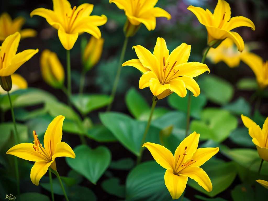 a beautiful yellow lily flower,highly detailed,realistic,photorealistic,8k,HDR,professional photography,stunning lighting,cinematic,vibrant colors,soft focus,shallow depth of field,nature,botanical,floral,elegant,graceful,lush,blooming,close up,natural setting,outdoor,garden,meadow