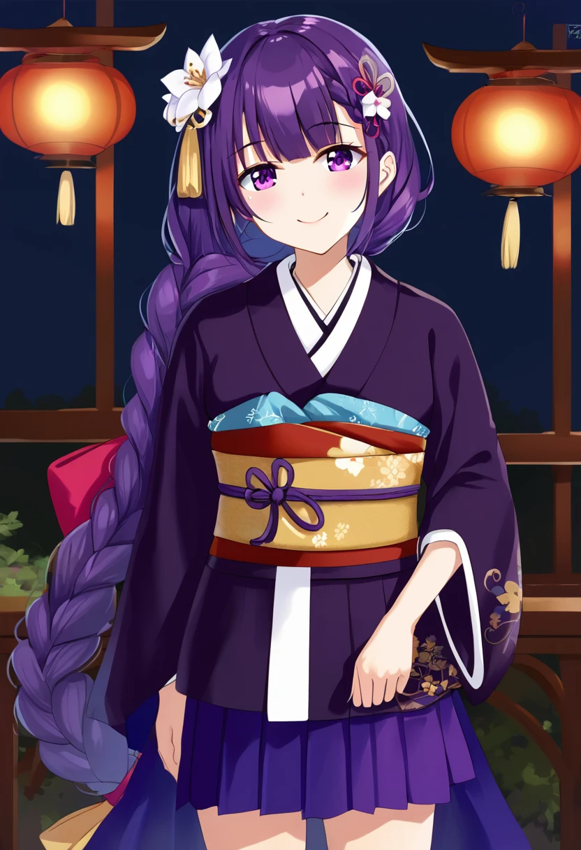  (masterpiece, best quality, highres, 8k:1.3),   1girl, solo, long hair, One braid hair, purple hair, Hair ornament, purple eyes, kimono, standing, chibi, smile, detail color, 