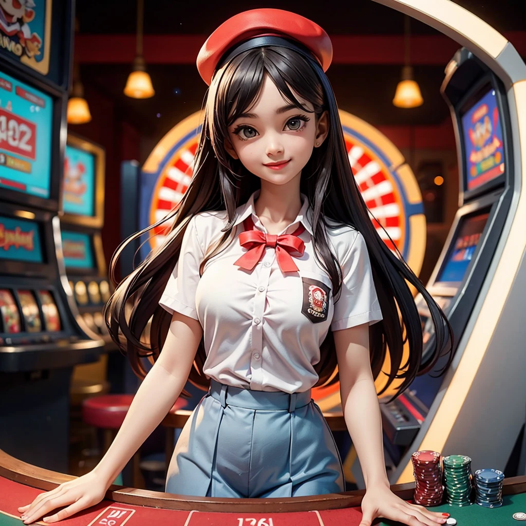 happy and smile, {{indonesian girl}}, {wearing high school uniform}, teasing and waiting customer play, standing, playing in casino, red casino background, polite and kind, Sweet Face, roulette table, poker table, big slot machines right and left, win jackpot, no hat, in space,