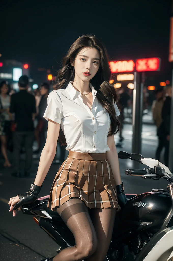 (((best quality))),(((ultra detailed))),(((masterpiece))),illustration,(1 beautiful girl,solo),((slim,thin)),((small ,flat chest)),(safety helmet:1.3),shoulder length straight hair,slender legs,cyberpunk, urban street,high school student, JK outfit,(riding on a motorcycle:1.3), sleek, (white collared short-sleeved shirt:1.3),(gloves:1.2),(red checkered pleated skirt:1.3),(pantyho3), stylish boots, confidence, determination, dark streets,neon lights, skyscrapers, urban noises, traffic, sirens, city sounds, futuristic, dystopian society, technology, fashion, explosive cocktail, st , modernity, attitude, spirit, anything is possible,from front