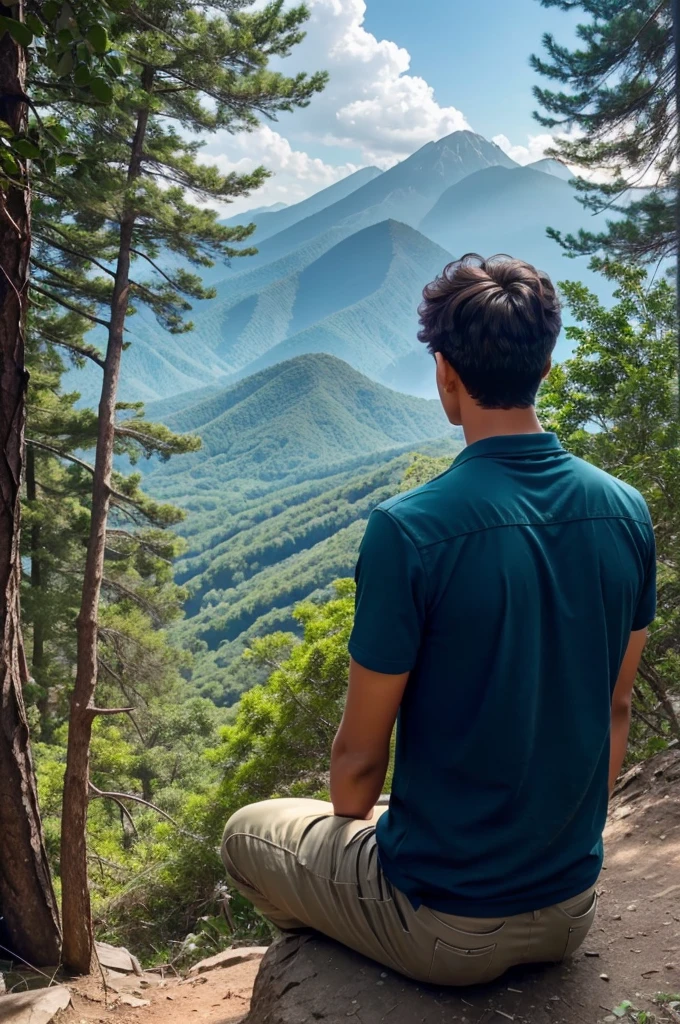 A YouTube Thumbnail showing a confused Engineering college boy and thinking now what to do now. The boy should sit on clif of mountain the image of boy should be from backside and from the clif there should be a dense greenery view of forest