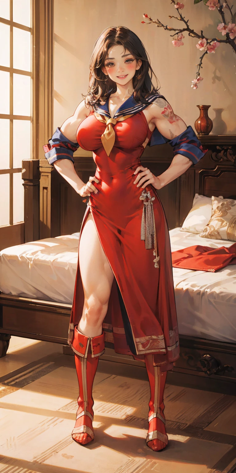 woman bodybuilder with very large calves very beautiful resemblance sailor uniform, full body standing symmetrical lustful smirking smile face (red blush), martial art, bouquet of flowers holding, full body toe to head, feet together, high boots, big breast, paladin warrior knight, hands on hips. red tattoo on belly, bedroom background, royal bedroom