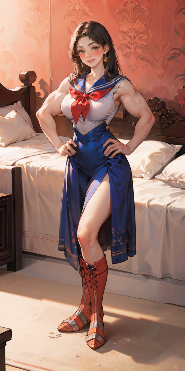 woman bodybuilder with very large calves very beautiful resemblance sailor uniform, full body standing symmetrical lustful smirking smile face (red blush), martial art, bouquet of flowers holding, full body toe to head, feet together, high boots, big breast, paladin warrior knight, hands on hips. red tattoo on belly, bedroom background, royal bedroom