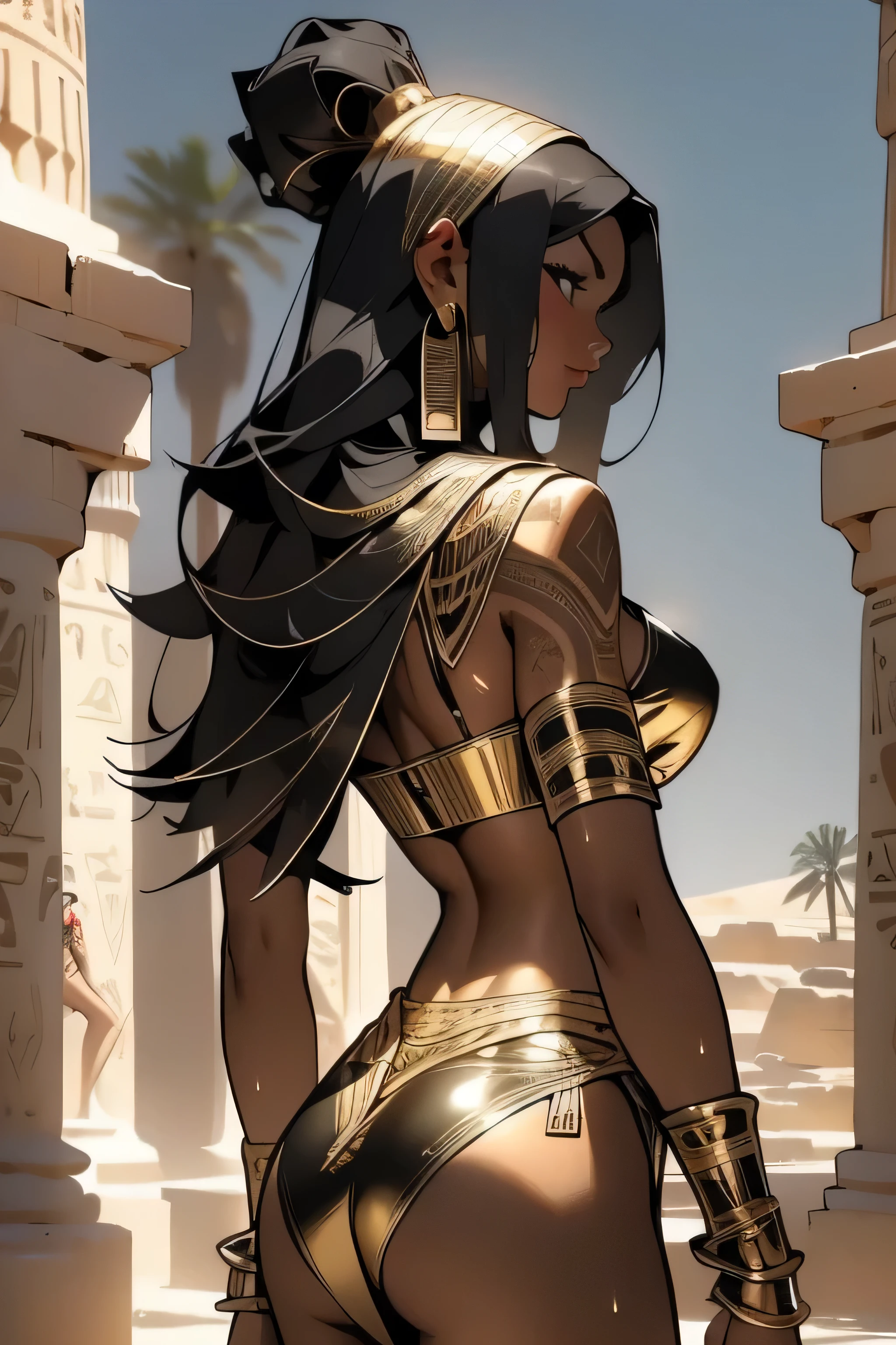 ((oaka_studio)), Beautiful full-bodied black woman, 30 years old, Egyptian woman, Egyptian adornments, muscular and perfect body, ((back)), head covered with an Egyptian headdress, dark skin shiny with oil and sweat, warrior Sphinx with little clothing, tiny thong of old body, bra in the shape of a metallic snake covering only a small part of the large breasts, Egyptian tattoo, arms covered by Egyptian adornments, Large breasts covered by bands of fabric, generous neckline, holding a blood-stained spear, brave face, dark kingdom, sexy pose, walking in a desert, pyramids in the background