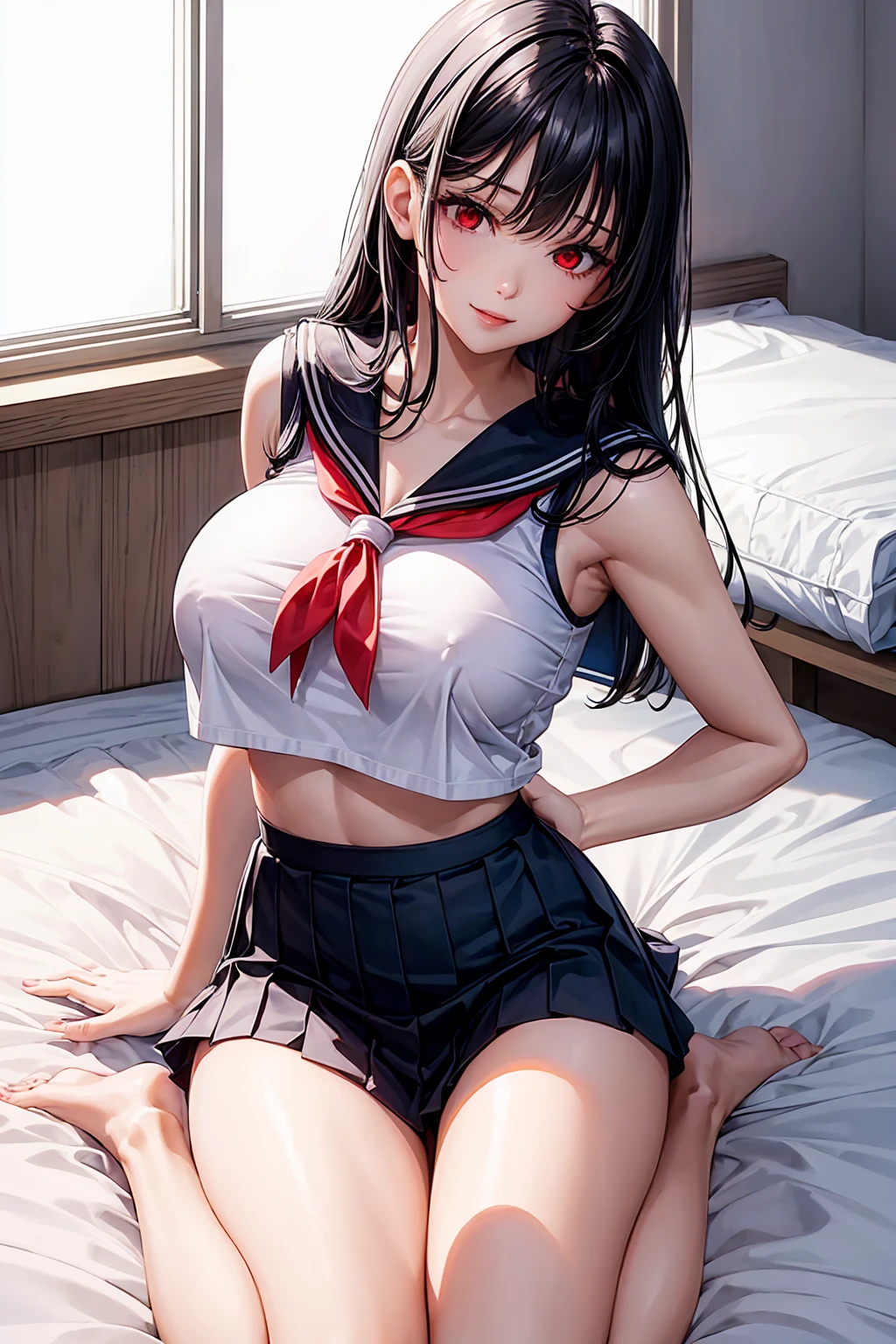 woman,sexy, female, mommy, black hair, red eyes, big breast, midriff peek, sailor uniform, sit, bedroom, evil smile, seductive lips, look from below