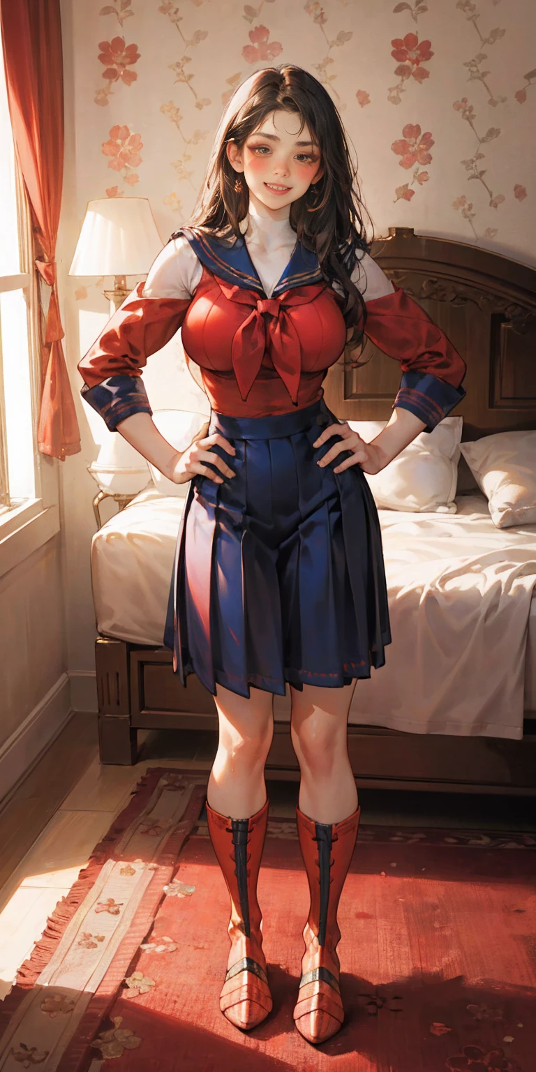 woman bodybuilder with very large calves very beautiful resemblance sailor uniform, full body standing symmetrical lustful smirking smile face (red blush), martial art, bouquet of flowers holding, full body toe to head, feet together, high boots, big breast, paladin warrior knight, hands on hips. red tattoo on belly, bedroom background, royal bedroom