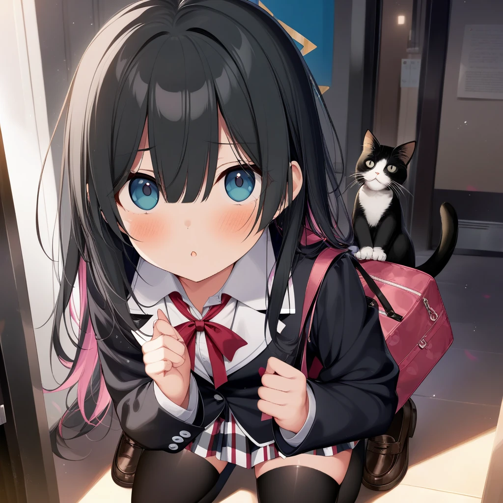 1girl, horosuke, blue archive, arona \(blue archive\), absurdres, official art, absurdres, yahari ore no seishun lovecome wa machigatteiru., yukinoshita yukino, 1girl, bag, black eyes, black hair, black jacket, black thighhighs, blazer, cat, copyright name, jacket, loafers, long hair, looking at viewer, parted lips, plaid clothes, plaid skirt, pleated skirt, school bag, , shoes, shoulder bag, skirt, sobu high , solo, squatting, thighhighs, ((very aesthetic, best quality, ultra detailed))