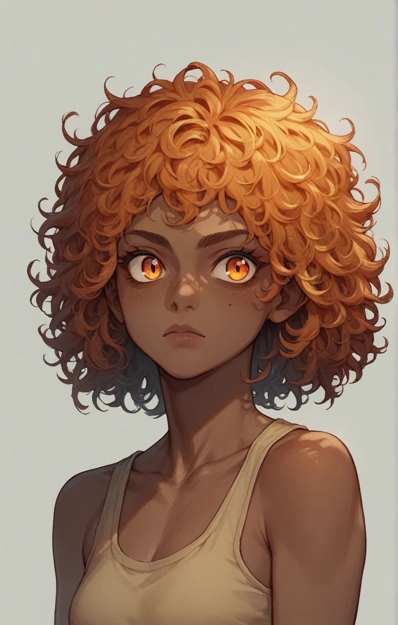 Anime dark skin woman, orange curly messy hair, ember colored-eyes