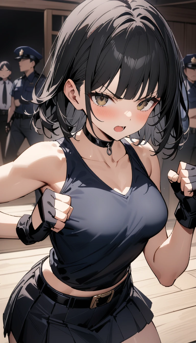 ((Highest quality)), ((masterpiece)), (detailed),cowboy shot , Rin々Policewoman small breasts Mature Woman, ((A white sleeveless U-neck T-shirt with a black sleeveless western shirt style police uniform over it)), Black choker,((clavicle))、Black long hair Blunt bangs black pleated mini skirt black fingerless gloves V-shaped eyebrows Combat Stance Black Belt Clenched fist Old tavern