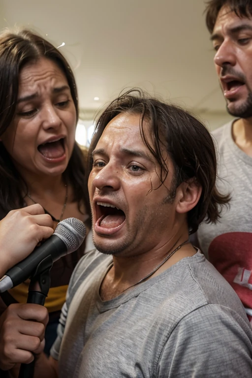 A 40-year-old man is crazily singing and screaming loudly into the microphone in order to joke and mock other senior teachers and make them crying painfully at a high school. 2-3 senior teachers at the background of the image being mocked and tortured are crying heavily and painfully by that 40-year-old man. Real-life images.