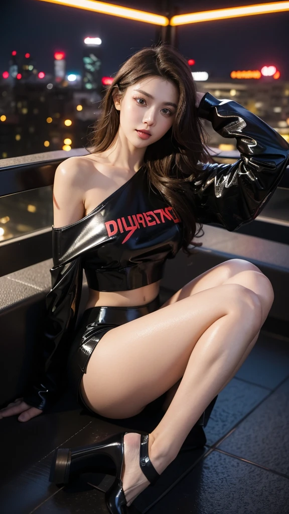 Full body photo oF 23 year old European girl with boy ceo, beautiful woman, semi-open strawberry lip, dimples, sedutice expression, (extra long wavy brown hair), pale skin, ((cyberpunk megacity environment at night)), (color fresco), camera pose, ((short black latex skirt)), tough boy style, ultra focused face, intimidating, smiling, short and messy hair, muscles (( oFF-shoulder crop top)),posing provocative, cameltoe, sitting with legs spread, longing gazing hungy sexy facial expression, arms behind head, hands not visible