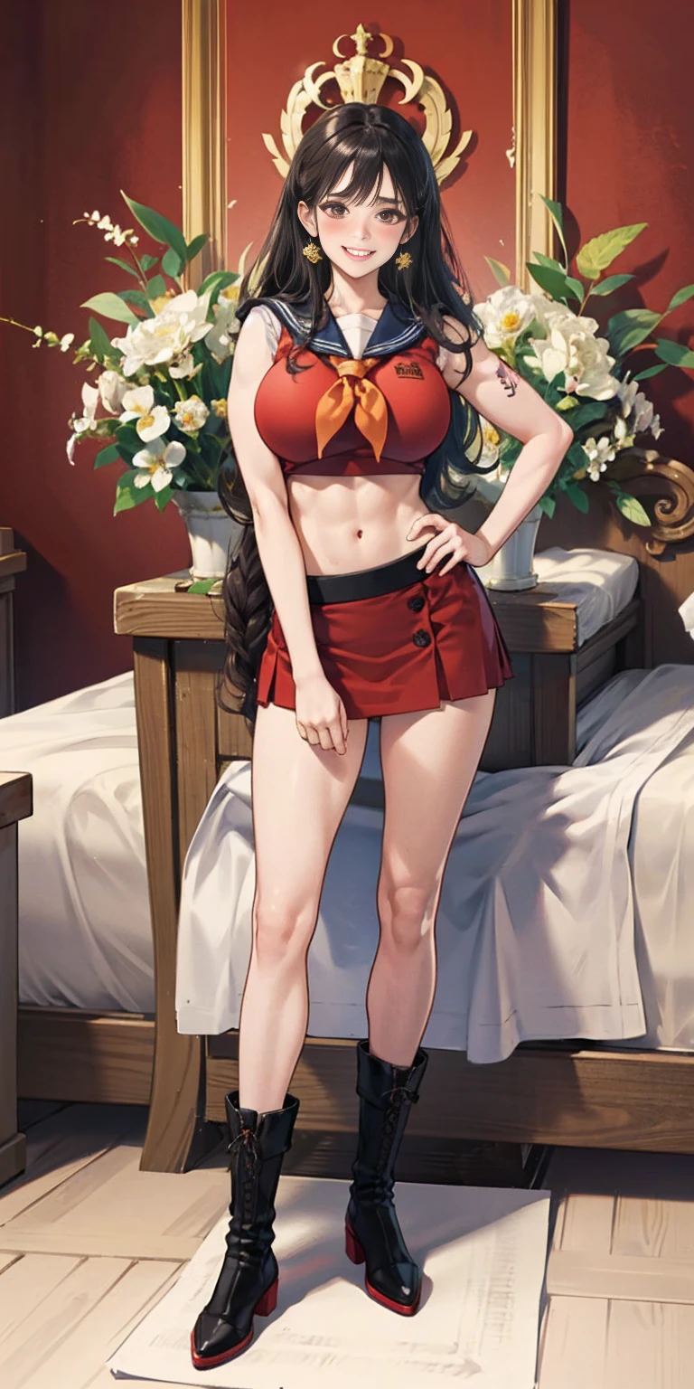 woman bodybuilder with very large calves very beautiful resemblance sailor uniform, full body standing symmetrical lustful smirking smile face (red blush), martial art, bouquet of flowers holding, full body toe to head, feet together, high boots, big breast, paladin warrior knight, hands on hips. red tattoo on belly, bedroom background, royal bedroom