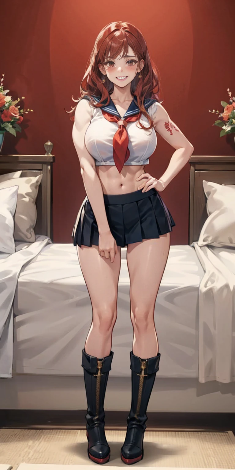 woman bodybuilder with very large calves very beautiful resemblance sailor uniform, full body standing symmetrical lustful smirking smile face (red blush), martial art, bouquet of flowers holding, full body toe to head, feet together, high boots, big breast, paladin warrior knight, hands on hips. red tattoo on belly, bedroom background, royal bedroom