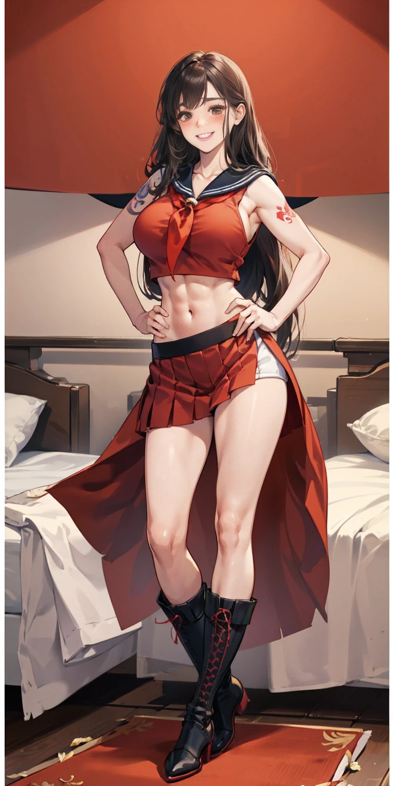 woman bodybuilder with very large calves very beautiful resemblance sailor uniform, full body standing symmetrical lustful smirking smile face (red blush), martial art, bouquet of flowers holding, full body toe to head, feet together, high boots, big breast, paladin warrior knight, hands on hips. red tattoo on belly, bedroom background, royal bedroom