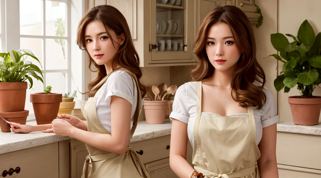 (Best quality, High resolution, Masterpiece :1.3), A pretty woman, Slender figure, Light brown hair, Stylish clothes and an apron, (Cooking in a Western-style kitchen, with potted plants and a bright kitchen), Highly detailed face and skin texture, Detailed eyes, Double eyelid 