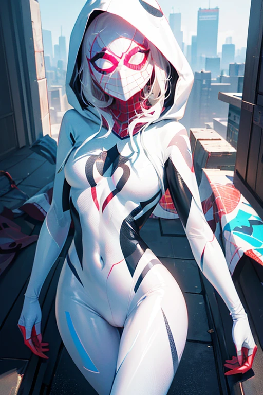 (high quality, detailed, absurdres, high resolution, masterpiece, beautiful), detailed soft lighting, rating_safe, source_cartoon, Ed Benes style, Spider Gwen, (wearing Spider Gwen mask and hood:1.5), voluptuous body, wake up on rooftop, action pose, cameltoe, (foto realista:1.2), CGI with clear focus, Photorealistic, high detail, Realistic, Masterpiece, absurdress, Best Quality, HDR, hiquality, hight resolution, Extremely detailed, 8k wallpaper, intricate details, 8K UHD, Full-HD, (foto realista:1.2), Contrast, sharp lighting, Cinematic lighting, natural lighting, hard light, Backlighting, Global Illumination, Environment Occlusion