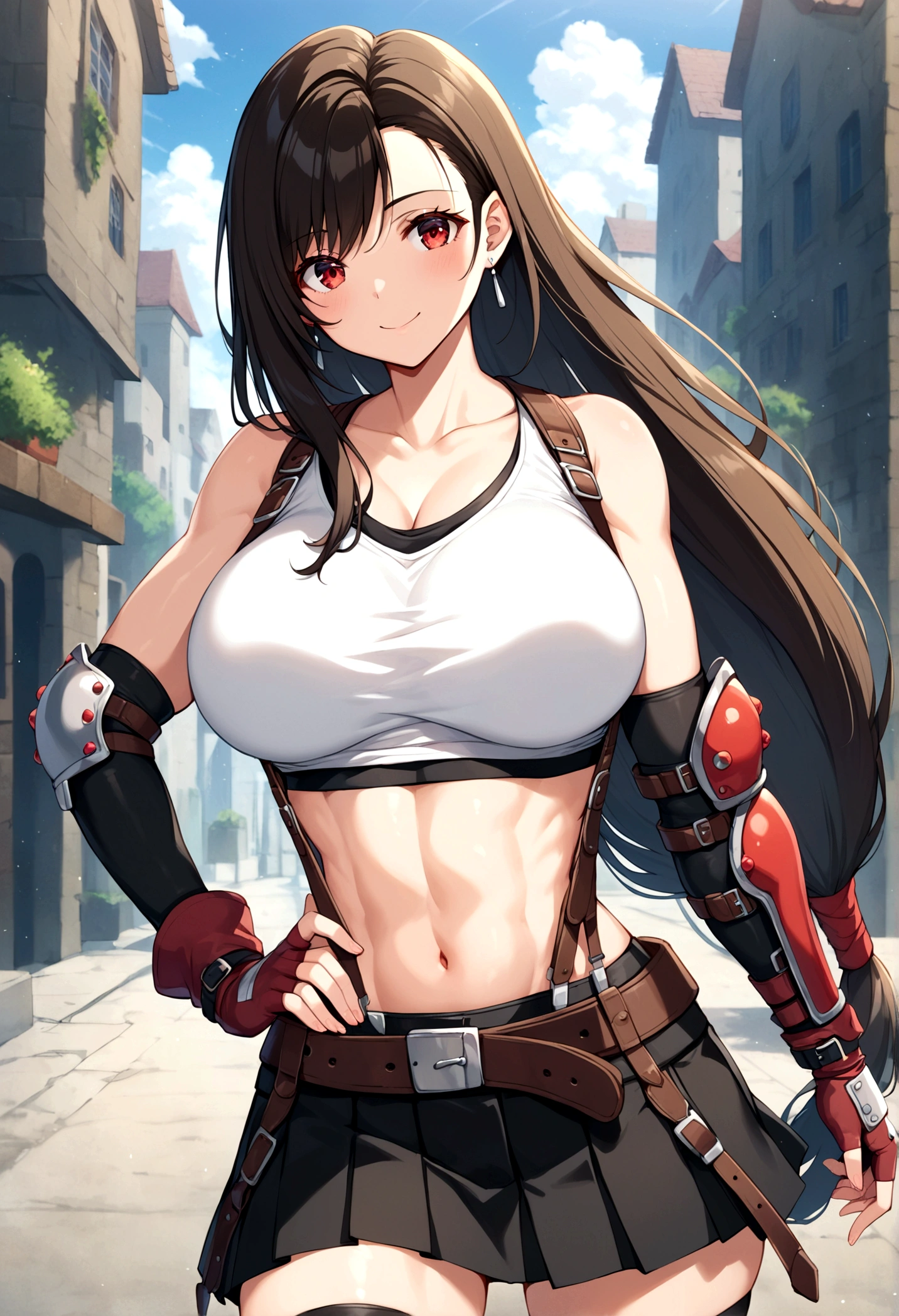 score_9, score_8_up, score_7_up,score_6, score_5, score_4,BREAK , from front,from front,(breast focus:1.5),front view.cinematic angle,standing,straight-on,(upperbody:1),looking_at_viewer ,1girl, tifa lockhart, final fantasy, tareme,black hair, low-tied long hair, red eyes, bangs, white tank top, belt, pleated skirt, thighhighs, elbow fingerless gloves, elbow pads, midriff, navel,suspender skirt ,large_breasts,(light smile),Curvy waist ,Solo,,(midnight and beachside and city),Toned. breast lift,hand on own hip,          anime style, key visual, vibrant, studio anime,
highly detailed,masterpiece, best quality,
best aestethic, absurdres,cinematic lighting,  