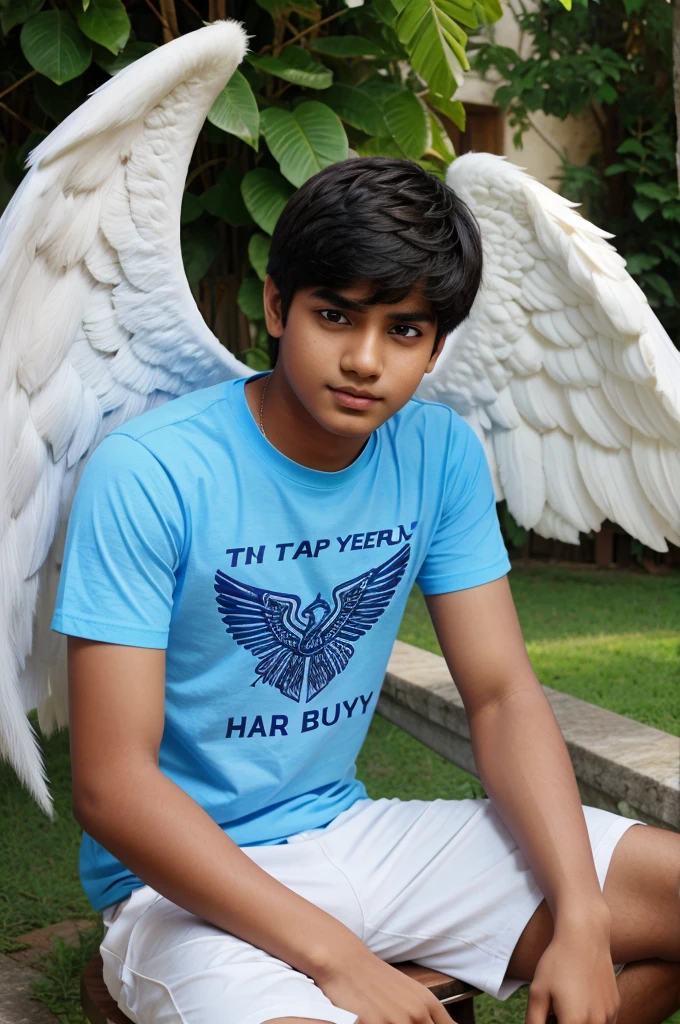 Create a wallpaper a 17 years old boy casually seat on the big chear has two wings like angel boy t shirt write his name Anand