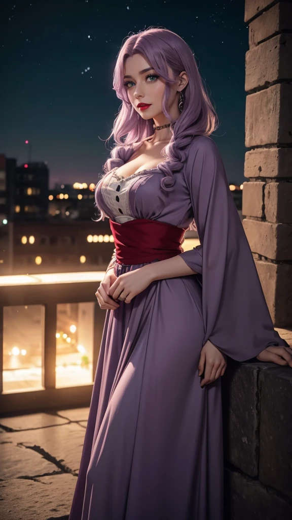 Irish woman, anime, modest, beautiful, high quality, night, 8k, long waist length light pale purple hair, green eyes, red lips, eyelashes, 1209 century dress