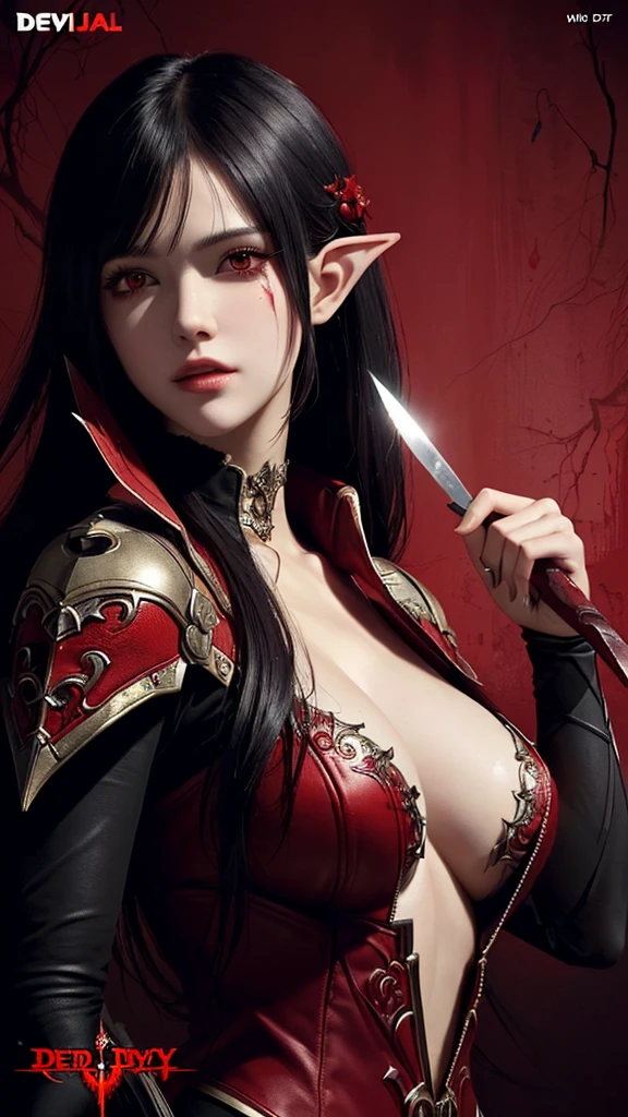 a close up of a woman holding a knife and a red background, deep bleeding decaying colors!, comic cover, detailed cover artwork, large view, comic cover art, v from devil may cry as an elf, comic book's cover, anime cover, art cover illustration, by Shingei, manhwa, art cover, stylised comic art, official fanart