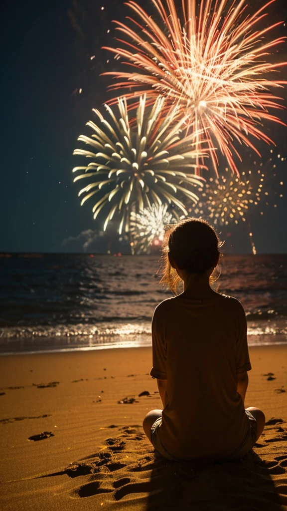 On a sandy beach in Japan on a summer night、Sitting on the sand、Two Japanese men and women watching fireworks。His back is turned towards me。Men and women in their late 20s,
Detailed、8K、Works by professional photographers、wallpaper、Detailed Characters、detailed background、detailedLight、Delicate lighting、Nostalgic atmosphere、Film-like photo. The surroundings are dark, but the light from the fireworks spreads beautifully. Fireworks are golden。There are no fireworks on the ground。